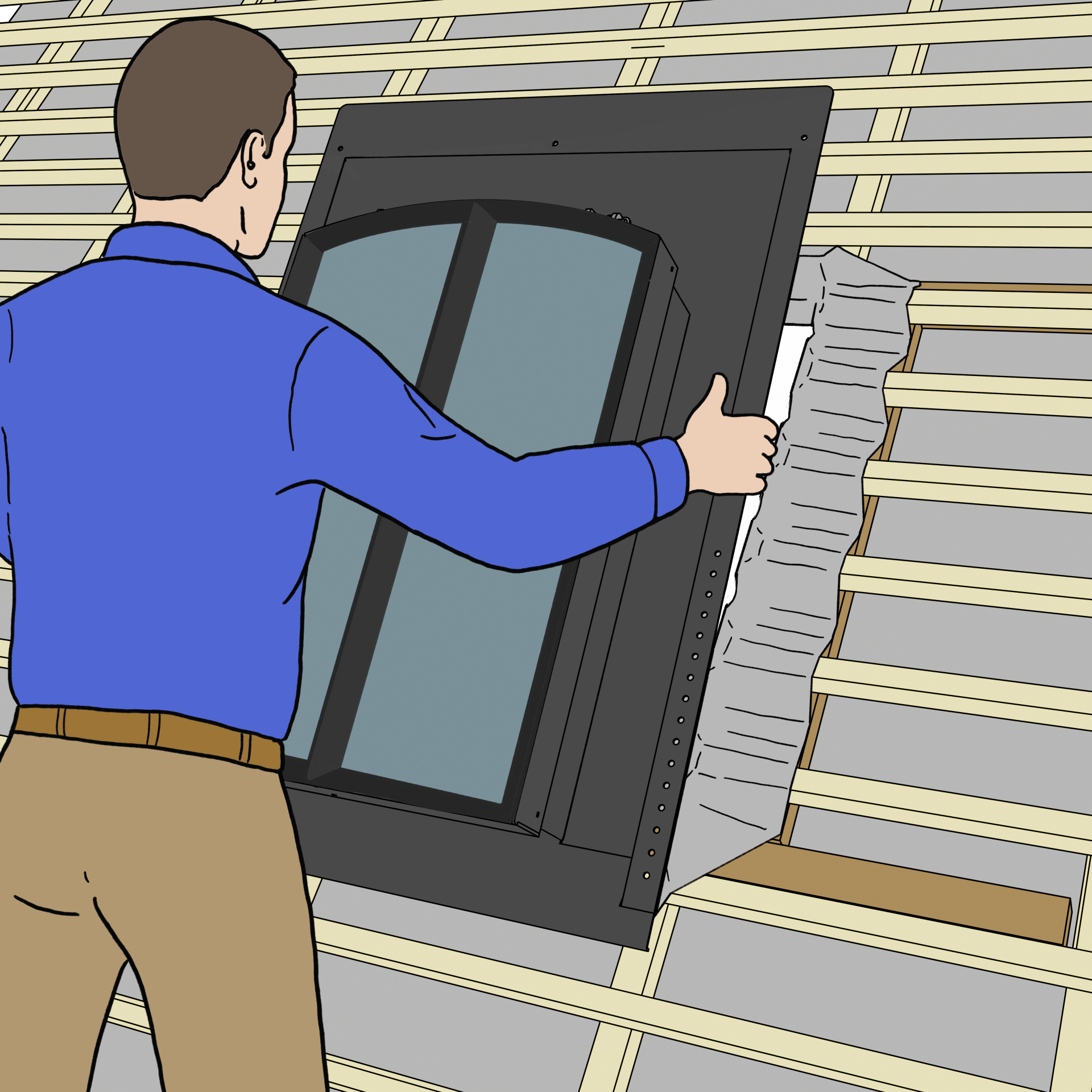 Installer positioning the Fero V roof window into the timber batten opening