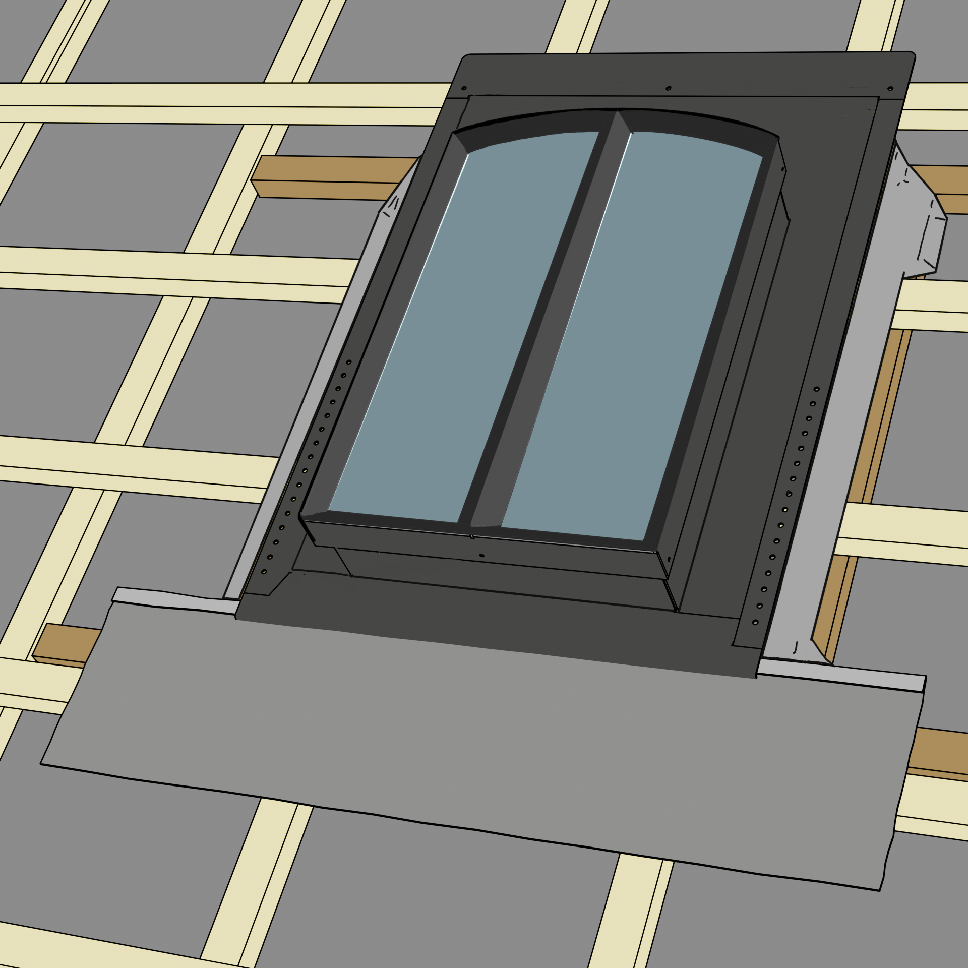 Roof window with lead flashing installed in timber rafters