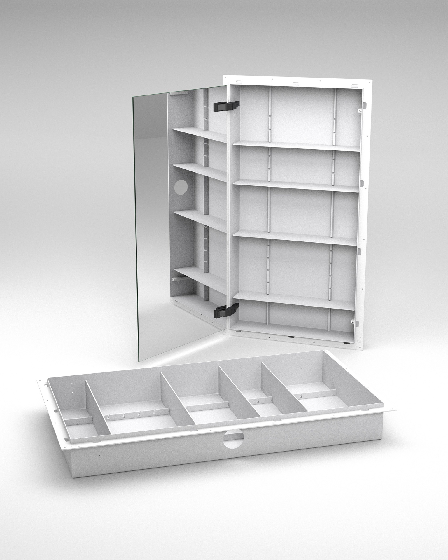 HIDN mirror product render showing housing, door and tray components
