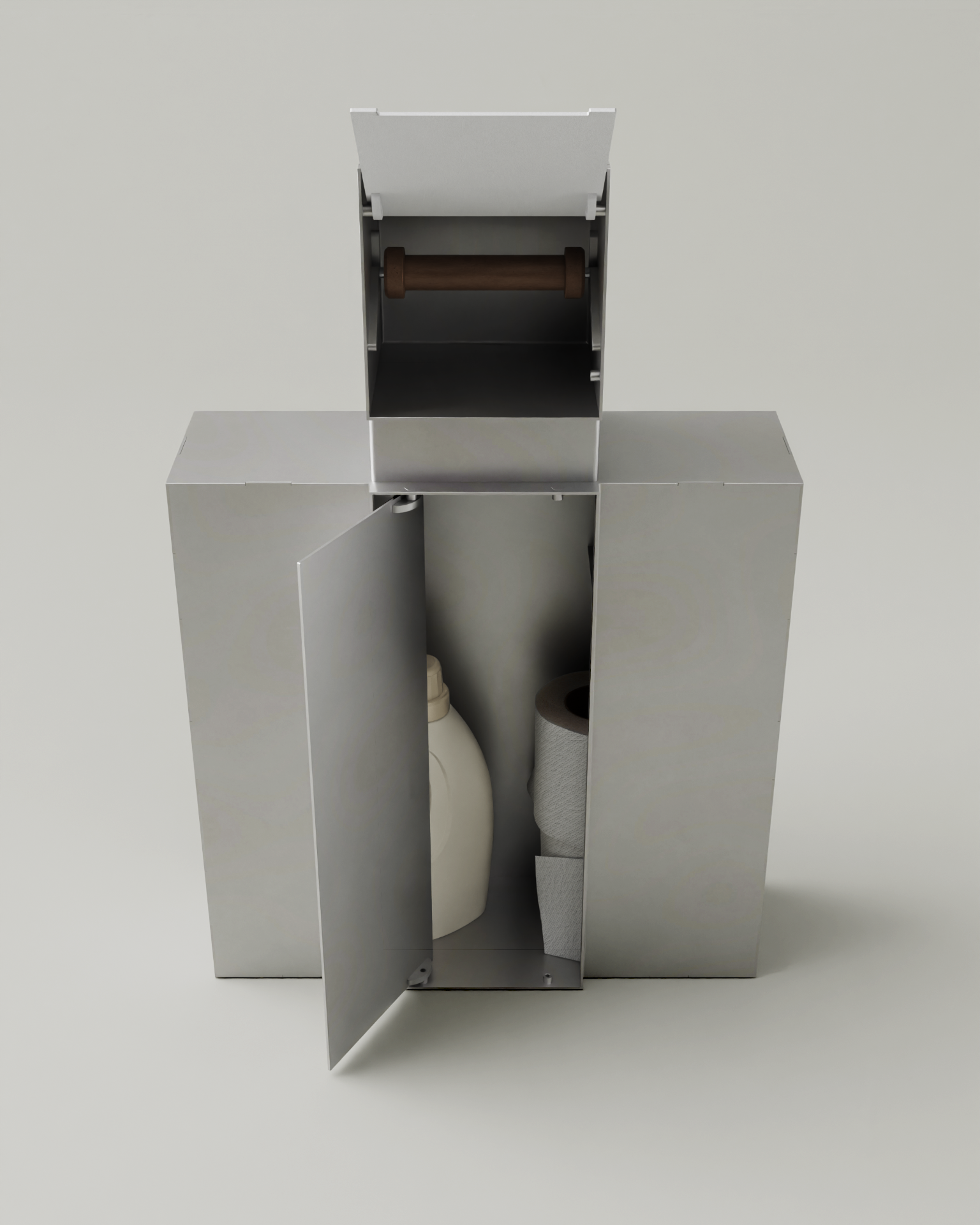 HIDN roll holder and storage unit stacked, both open to show interior storage