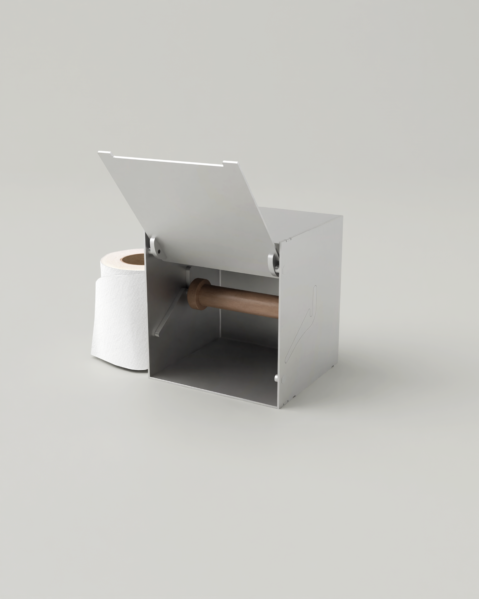 HIDN roll holder shown open with the wooden spindle and a toilet roll alongside