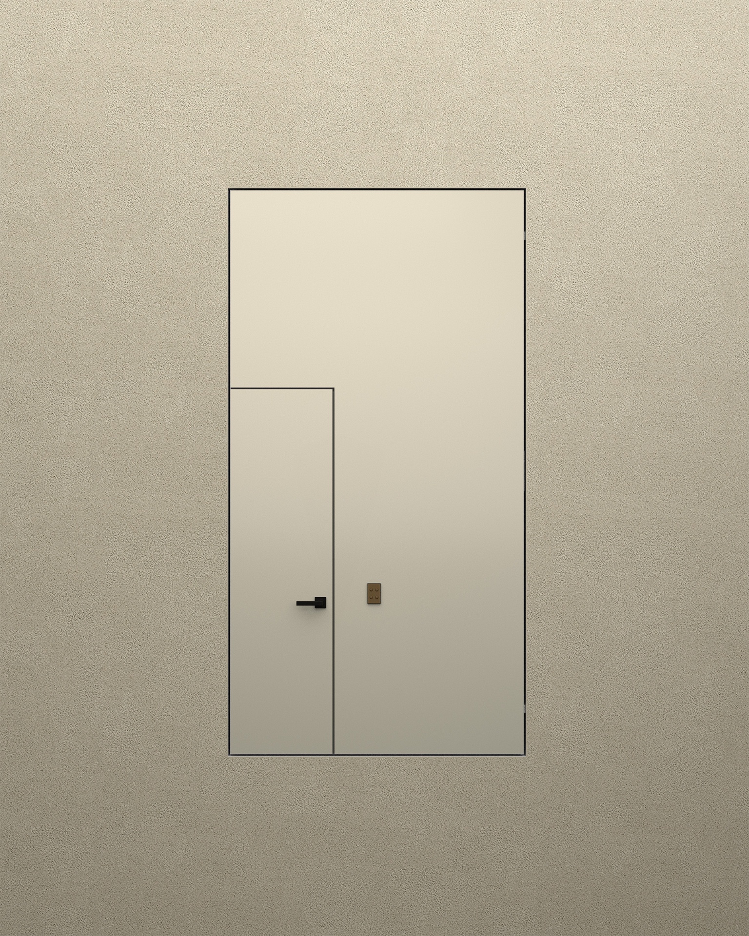 HIDN mirror cabinet closed, recessed into a warm-toned wall