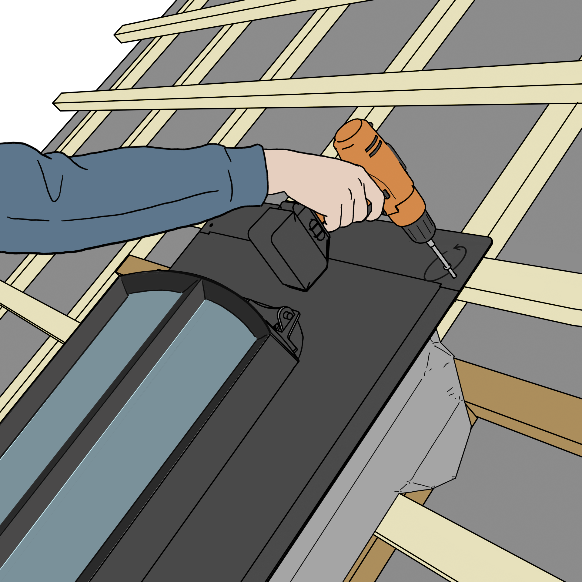 Illustrated roof window installation: installer drilling the frame into timber rafters