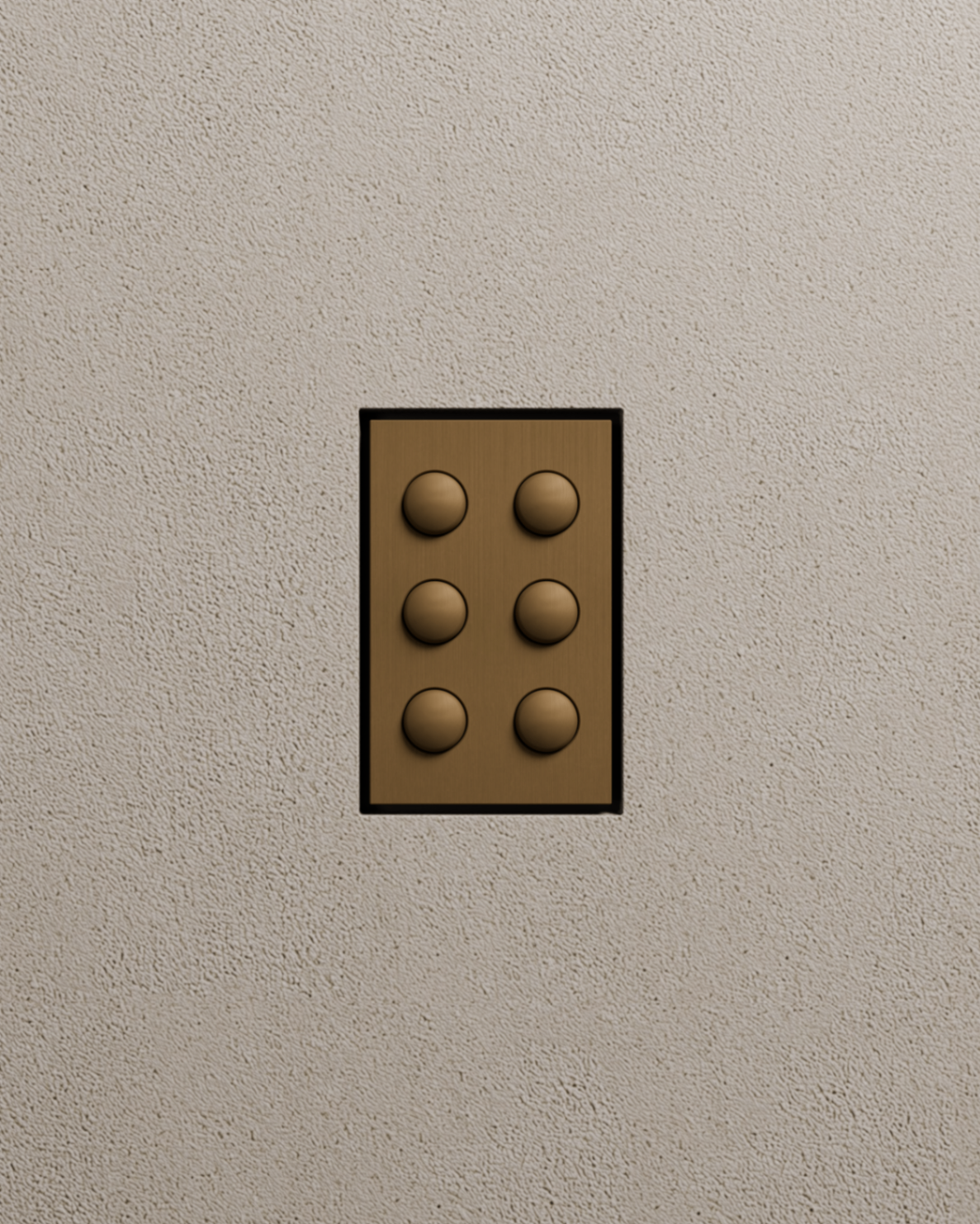 Six push-button switch in old brass finish on a textured plaster wall