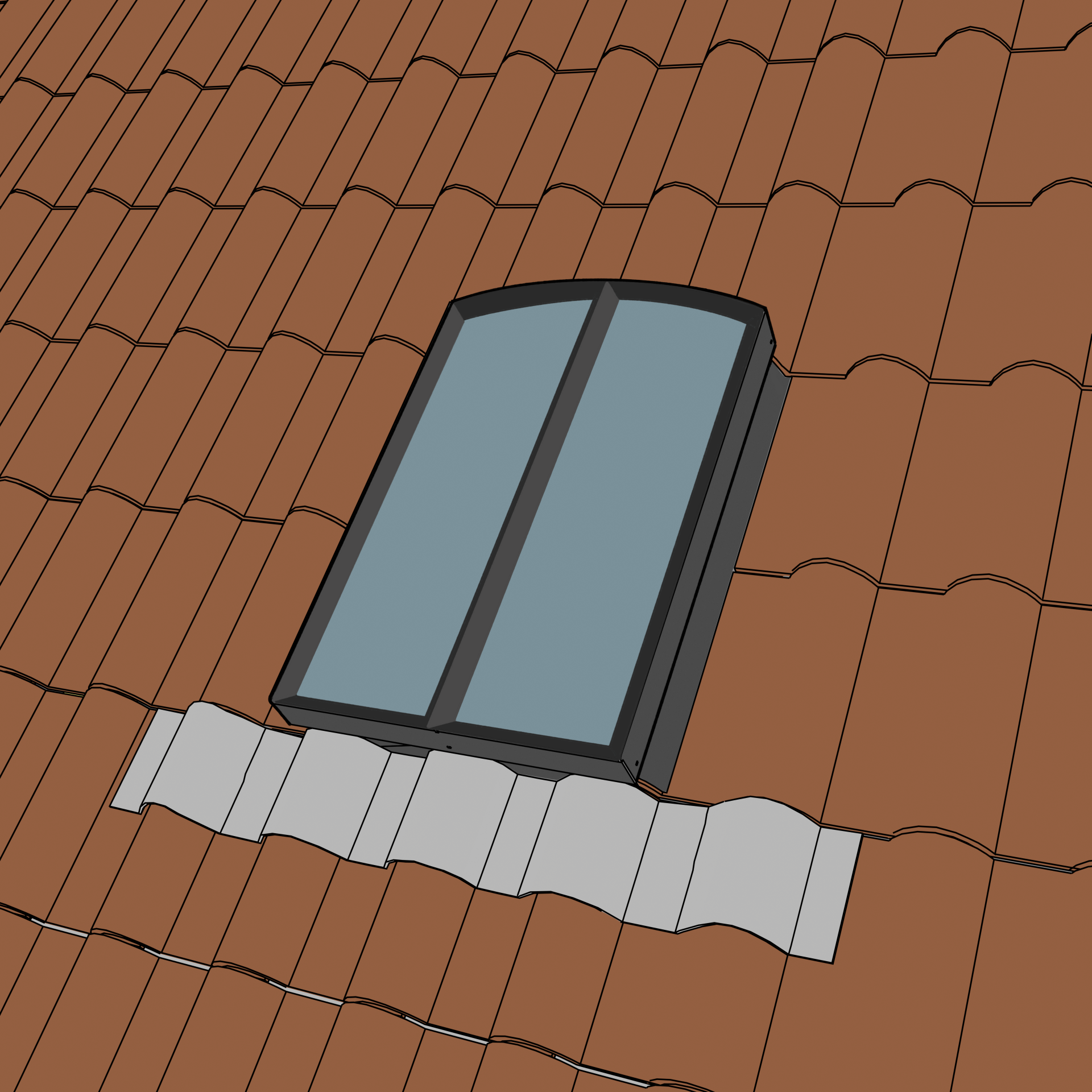 Fero V roof window installed on clay tile roof with lead flashing dressed over the tiles