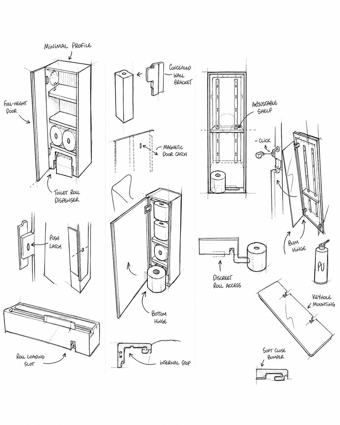 Detailed technical sketches of the HIDN roll holder mechanism, push latch, internal stop and mounting details