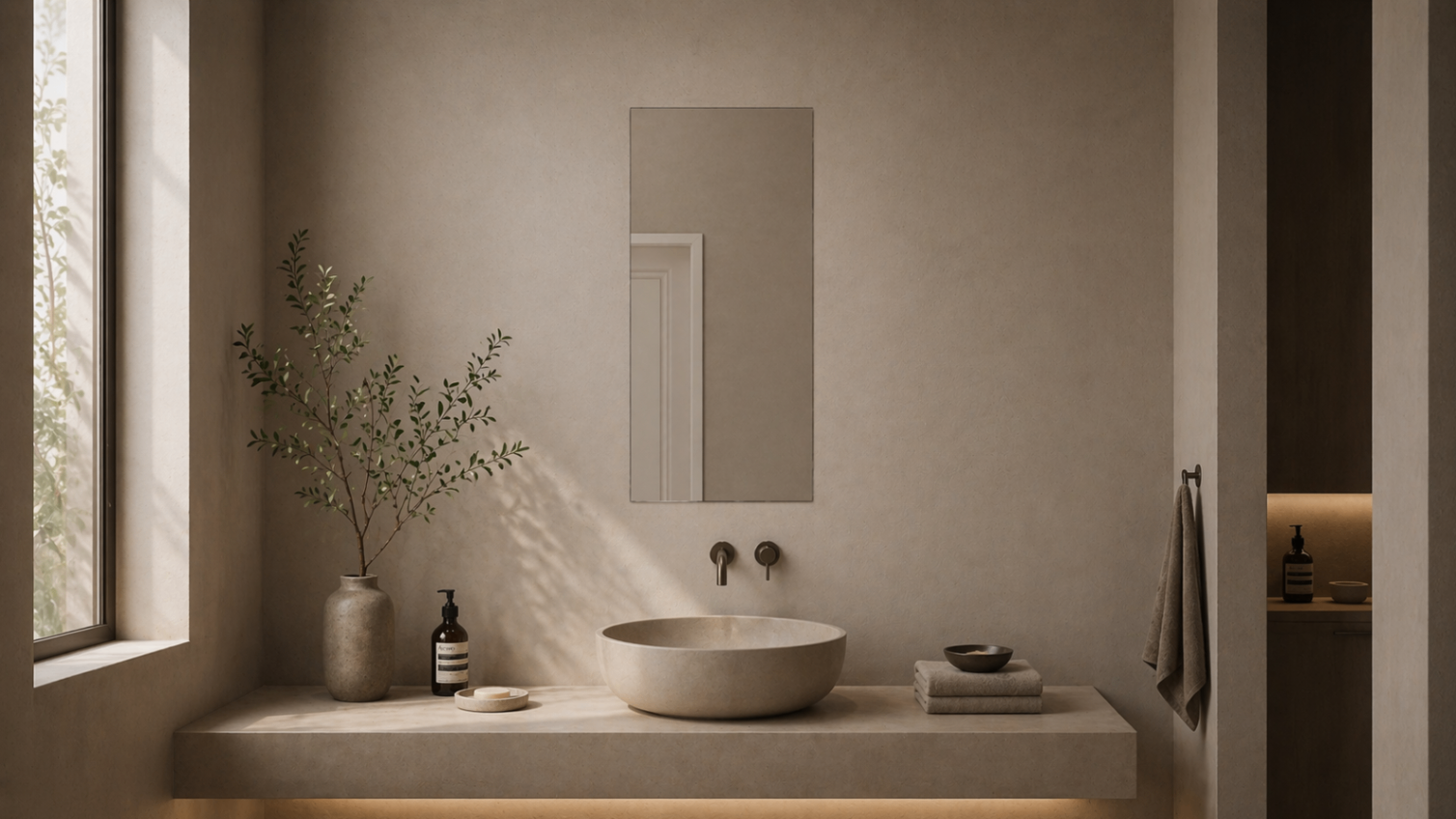 HIDN mirror shown in a warm bathroom interior