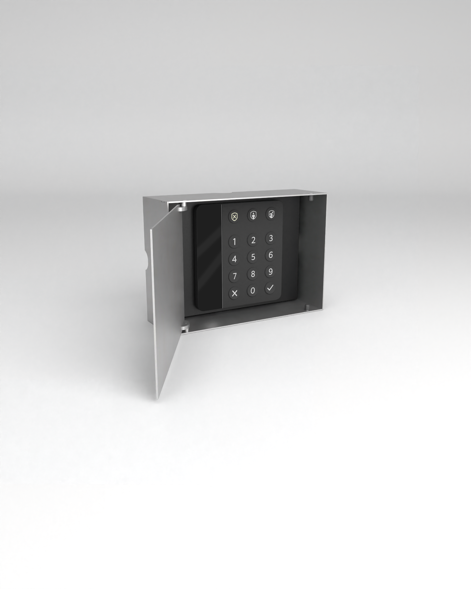 Studio render of the HIDN box with keypad installed inside