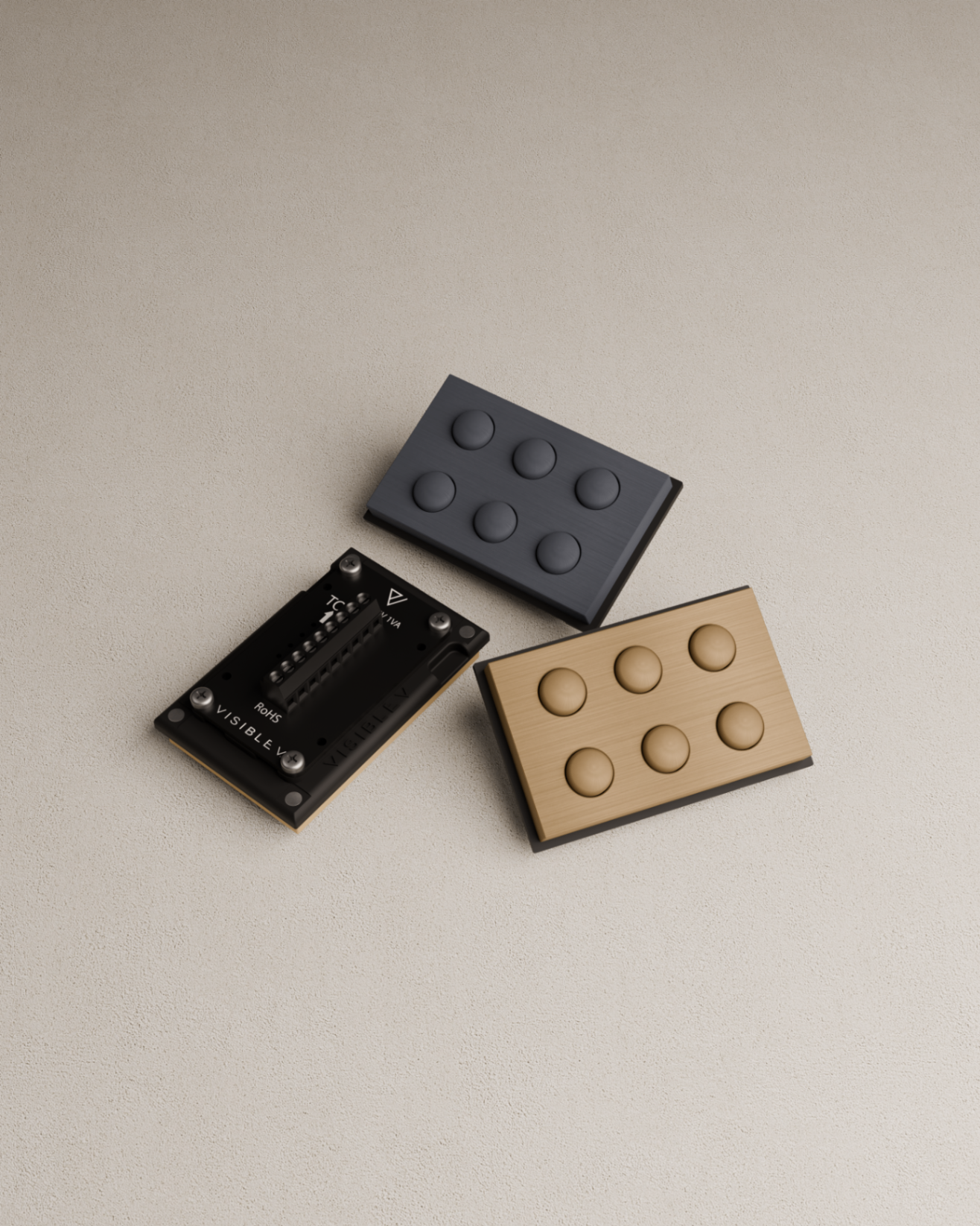 Three VisibleV push-button switch panels showing front and back with exposed PCB