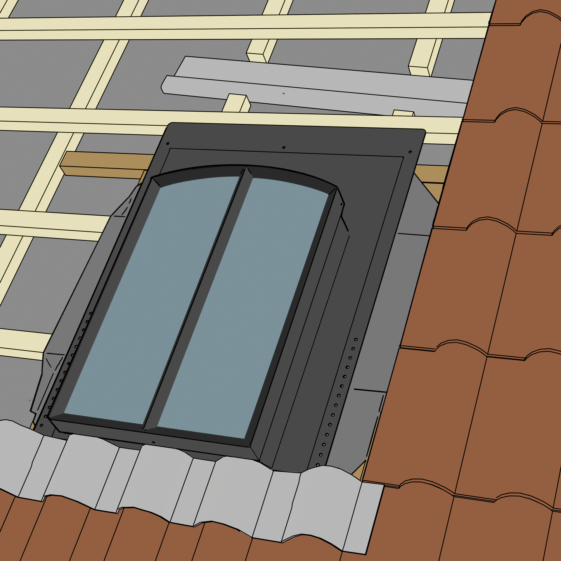 Close-up of Fero V roof window with lead flashing on a tiled roof, viewed from the ridge