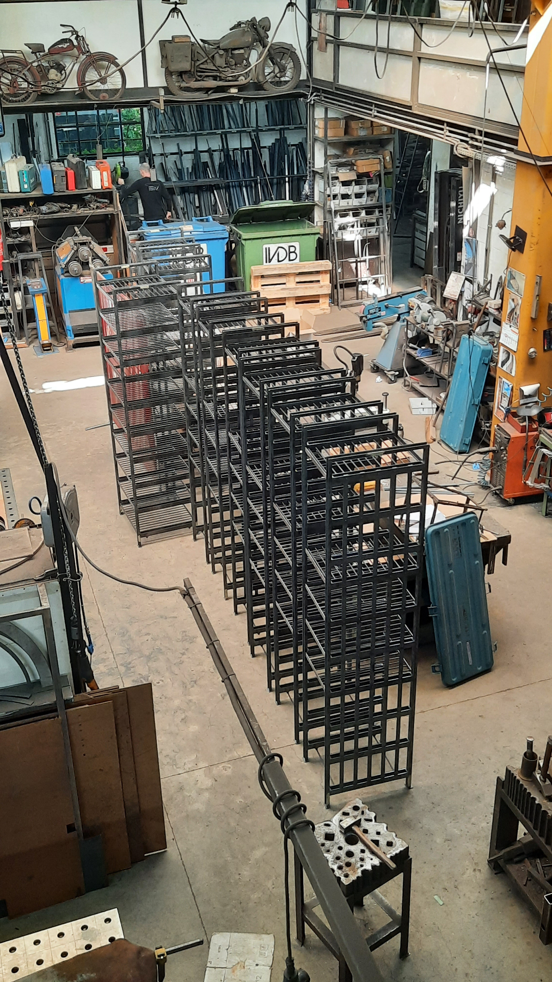 Row of welded steel cabinet frames in the workshop