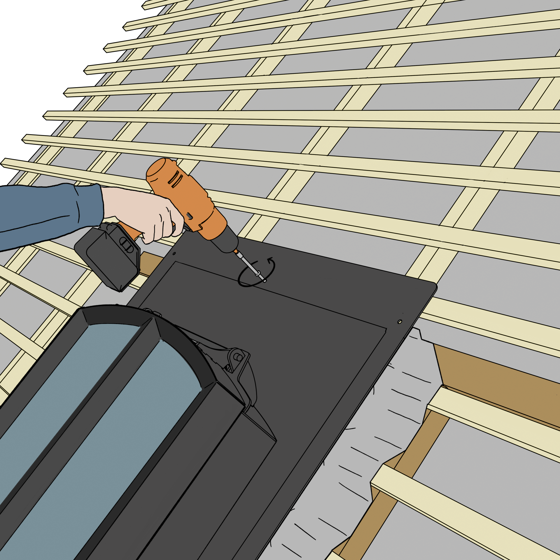 Installer fastening the Fero V roof window flashing plate with a cordless driver