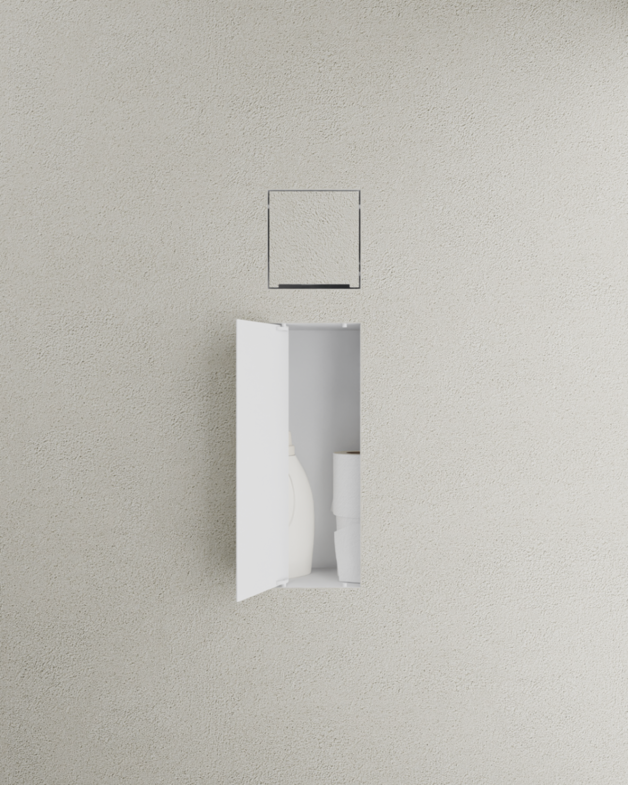 HIDN roll and storage recessed compartment shown open in a textured wall