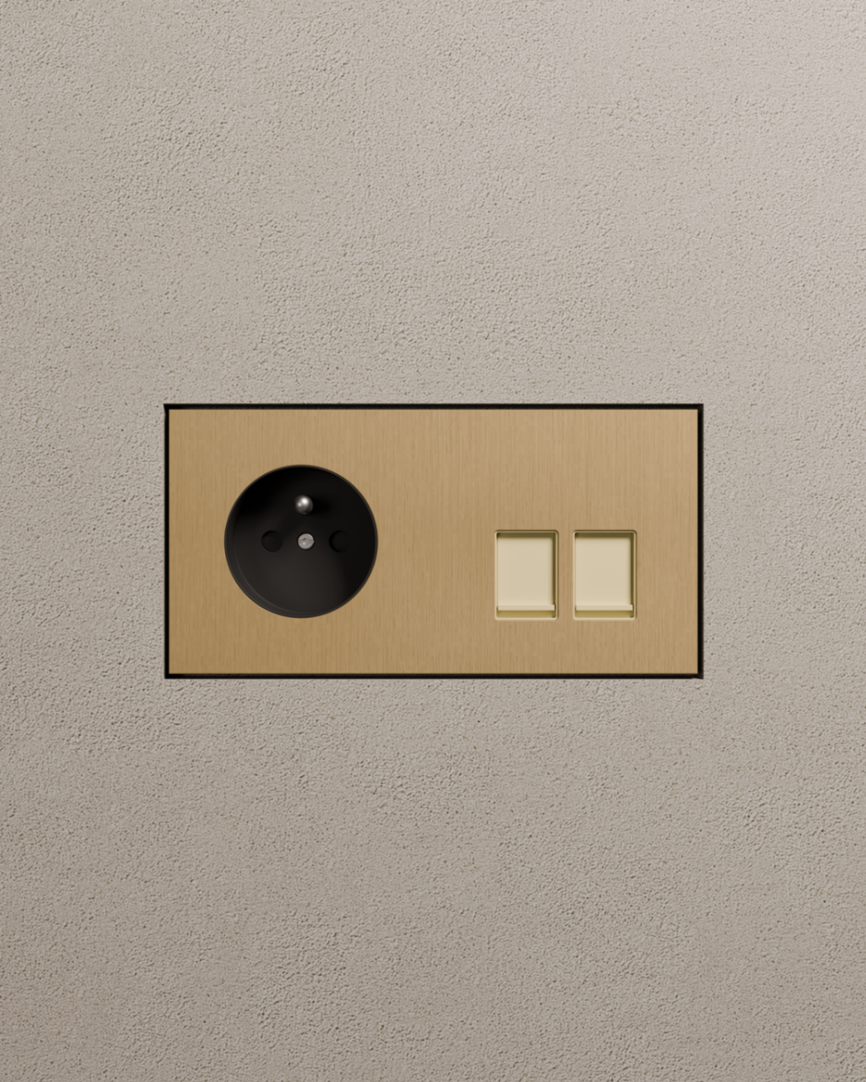 VisibleV socket and data ports in brushed brass on a textured plaster wall
