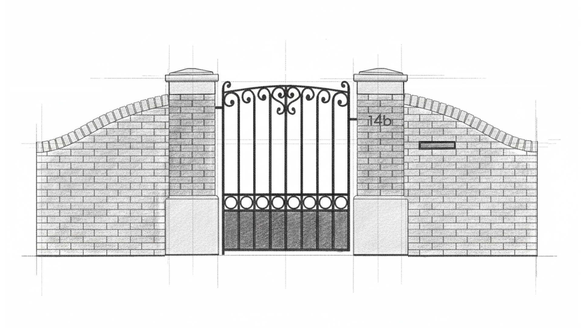 Procreate sketch of a single pedestrian gate set in a curved brick wall