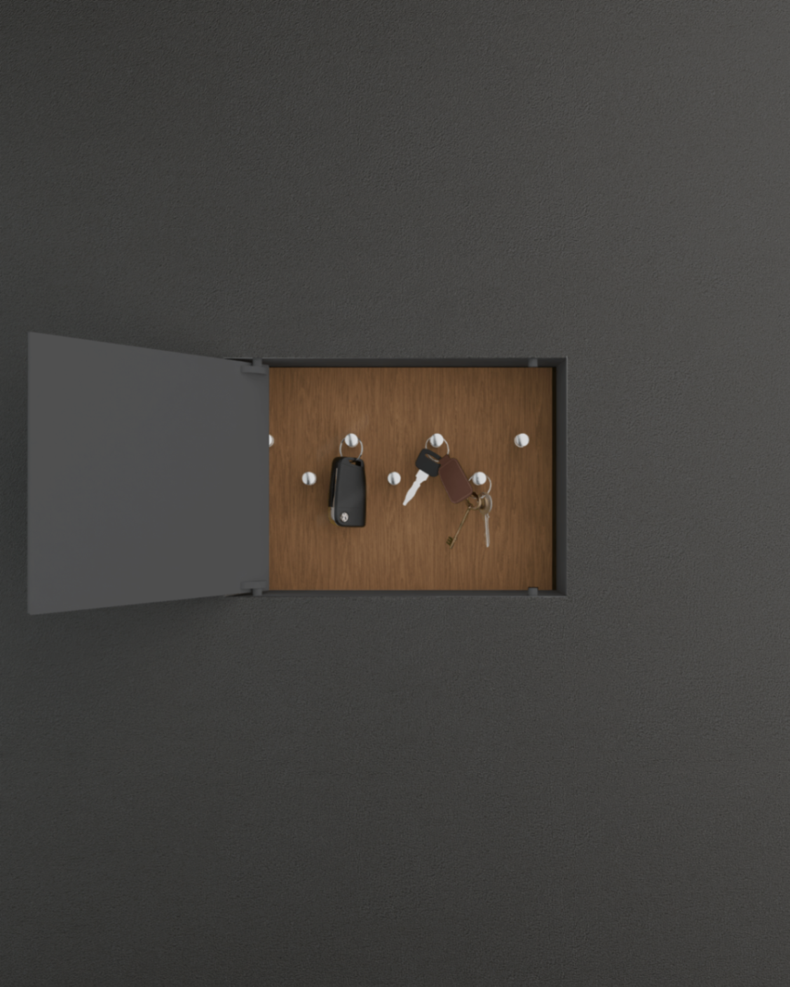 HIDN box with wooden key storage insert behind the door