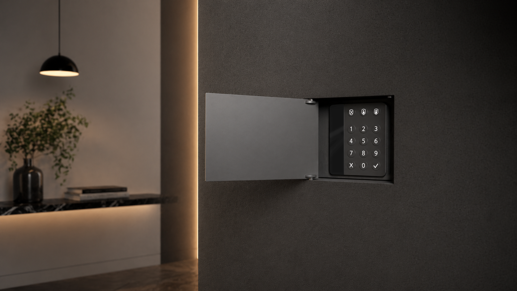 HIDN box with keypad shown in a warm interior wall