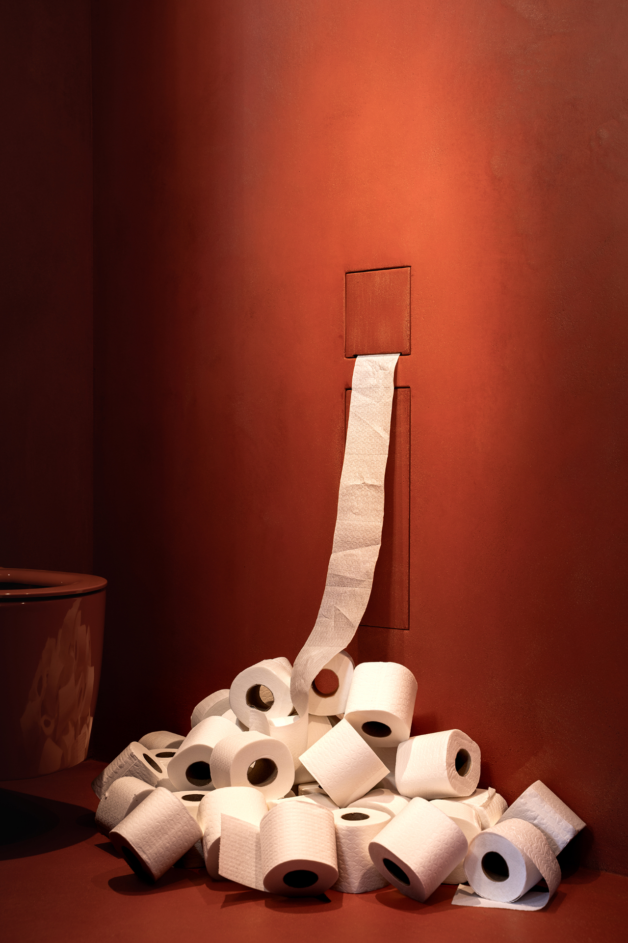 HIDN Architect@Work campaign image: toilet rolls cascading from a recessed wall compartment in a warm terracotta bathroom
